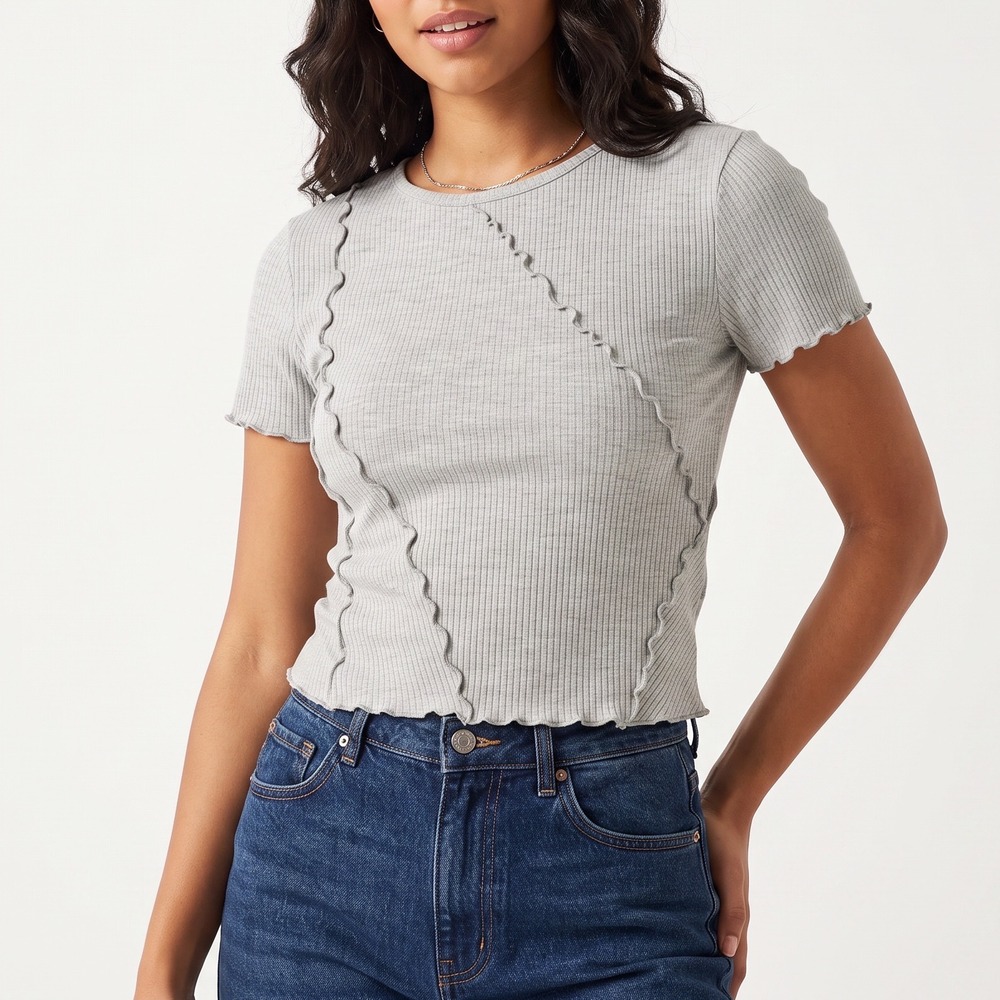 Wild Fable T-Shirt Womens XS Gray Ribbed Lettuce Edge Exposed Seam Excellent